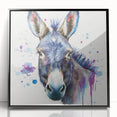 Framed wall art featuring a striking donkey design in a black acrylic frame, showcasing intricate details and vibrant colors, perfect for animal lovers and home decor enthusiasts.