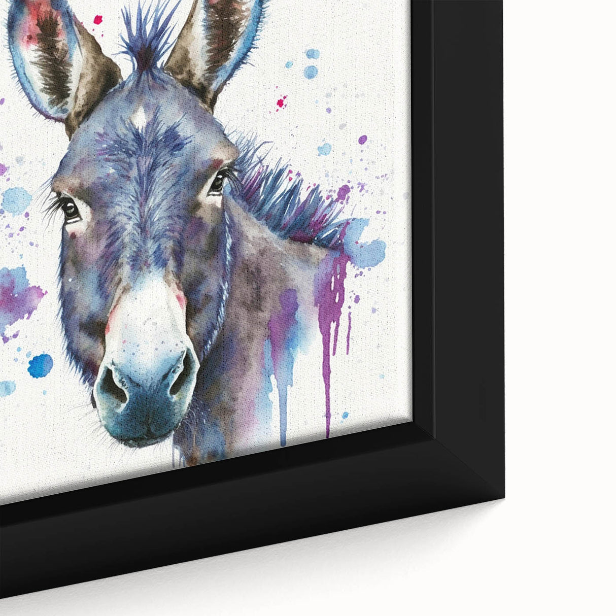 Close-up of a framed canvas wall art featuring a vibrant donkey design, showcasing detailed textures and colors, perfect for animal lovers and home decor enthusiasts.
