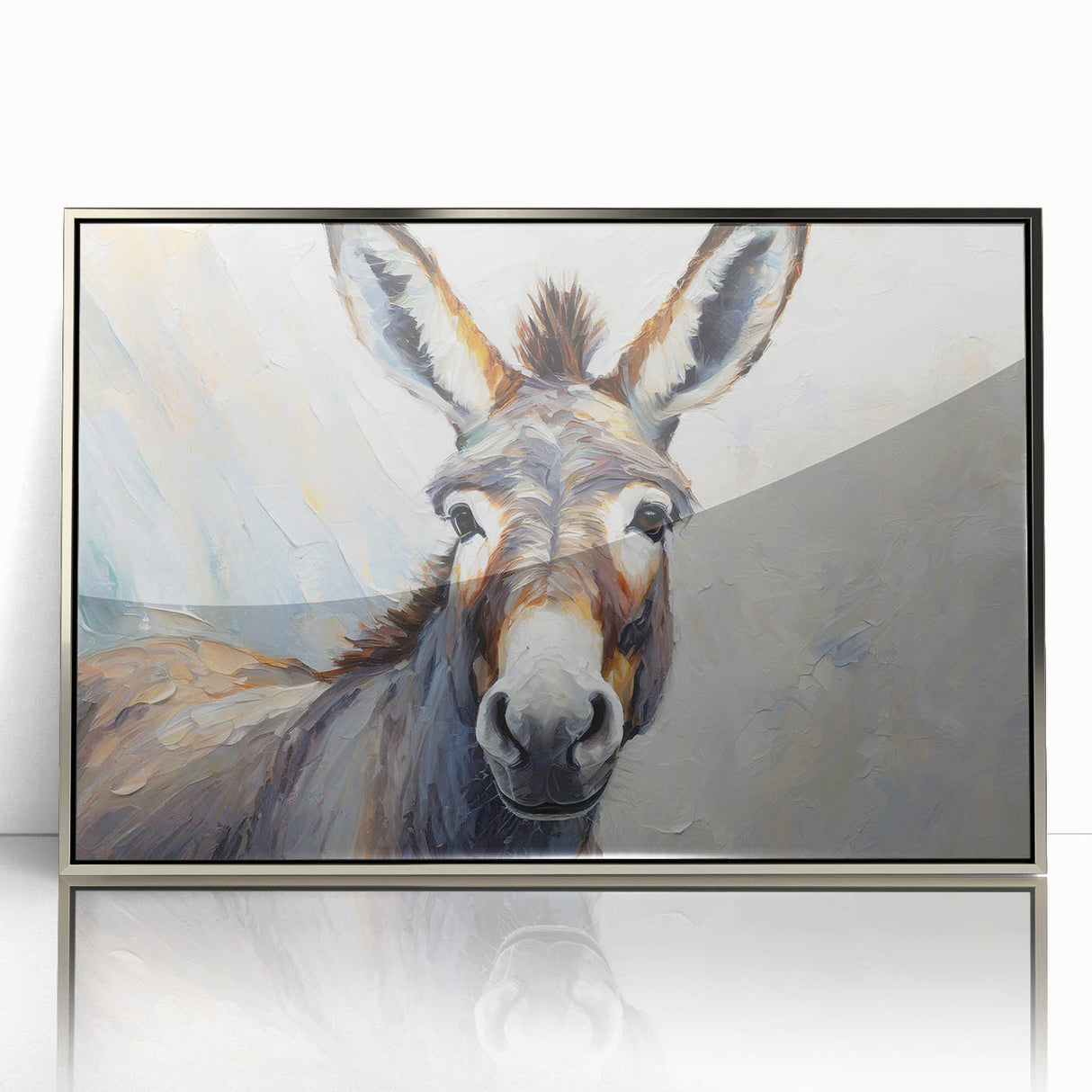 Framed wall art showcasing a vibrant donkey design, featuring a sleek silver acrylic frame. This contemporary piece adds a playful touch to home decor, perfect for animal lovers.