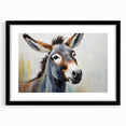 Framed wall art featuring a whimsical donkey design, set against a black background, perfect for animal lovers and home decor enthusiasts. This piece adds a playful touch to any space, showcasing detailed artwork with vibrant colors and a modern frame. Ideal for living rooms or children's rooms, it combines artistry with charm.