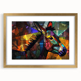 Framed wall art featuring a whimsical donkey design with a gold mat and frame, perfect for animal lovers and home decor enthusiasts, showcasing vibrant colors and playful details.