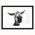 Framed wall art featuring a whimsical donkey design in black and white, set against a sleek black mat, perfect for animal lovers and home decor enthusiasts.