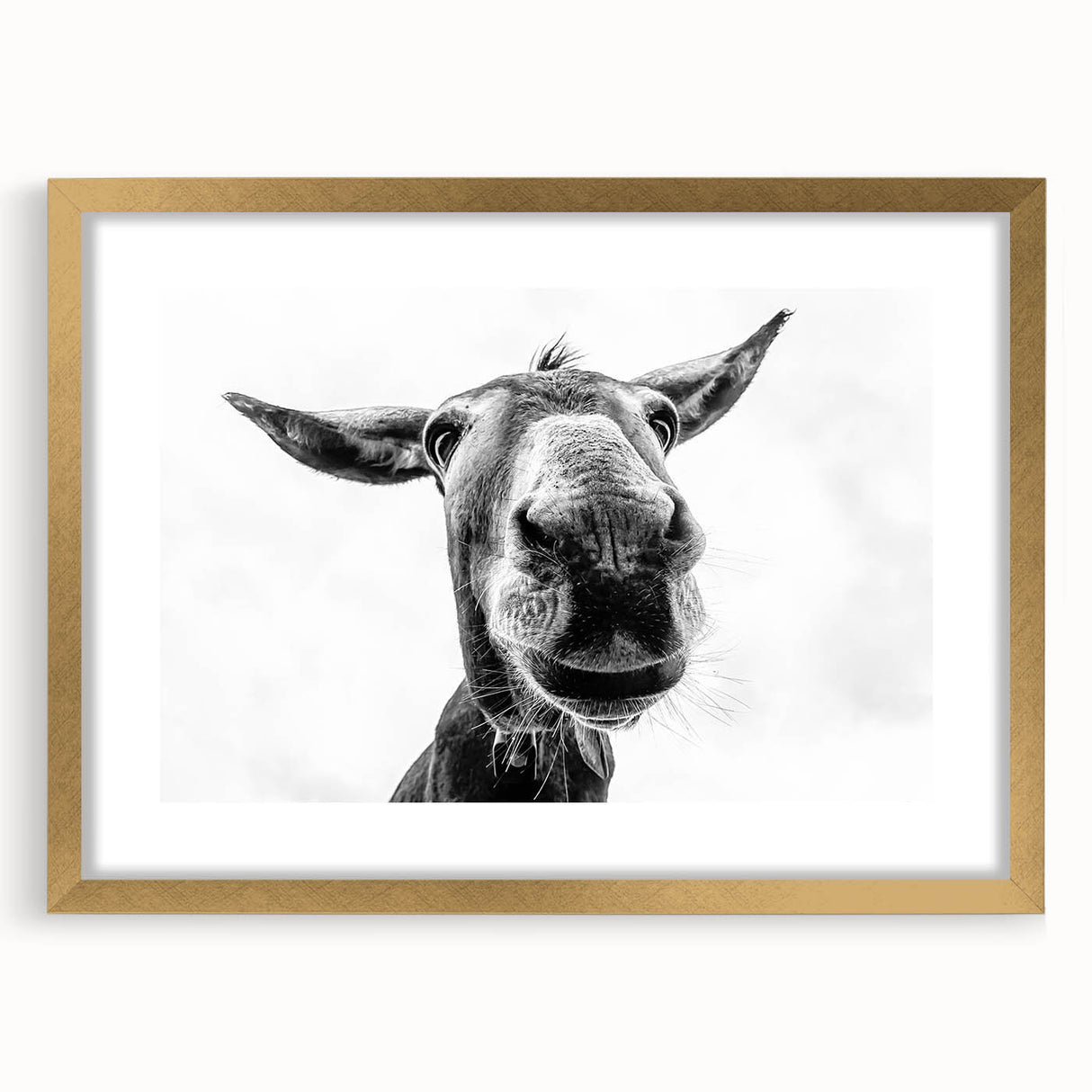 Framed wall art featuring a whimsical donkey design in gold accents, set against a neutral background, perfect for animal lovers and home decor enthusiasts.
