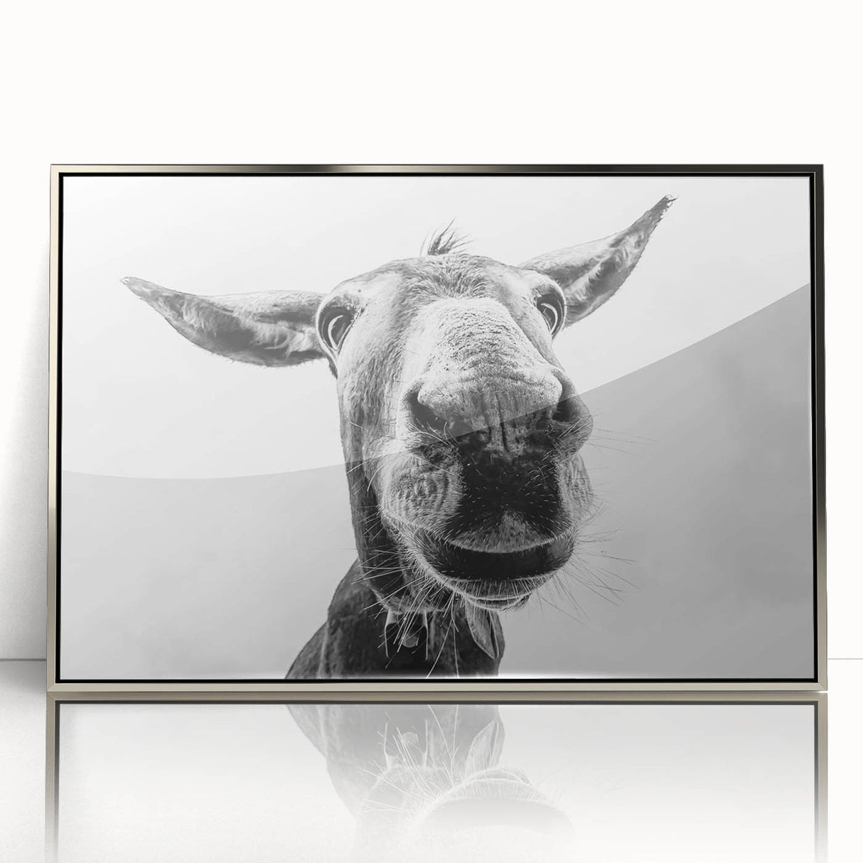 Framed wall art showcasing a striking donkey design with intricate details and a silver acrylic frame, perfect for adding a touch of wildlife elegance to any room.