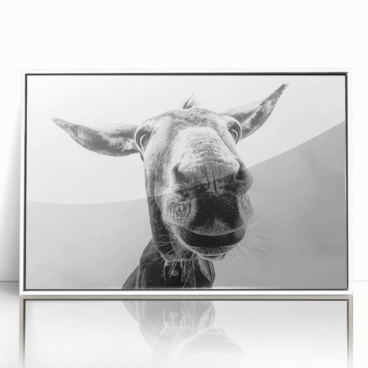Framed acrylic wall art featuring a whimsical donkey design in a white frame, showcasing vibrant colors and playful details, ideal for animal lovers and home decor enthusiasts.