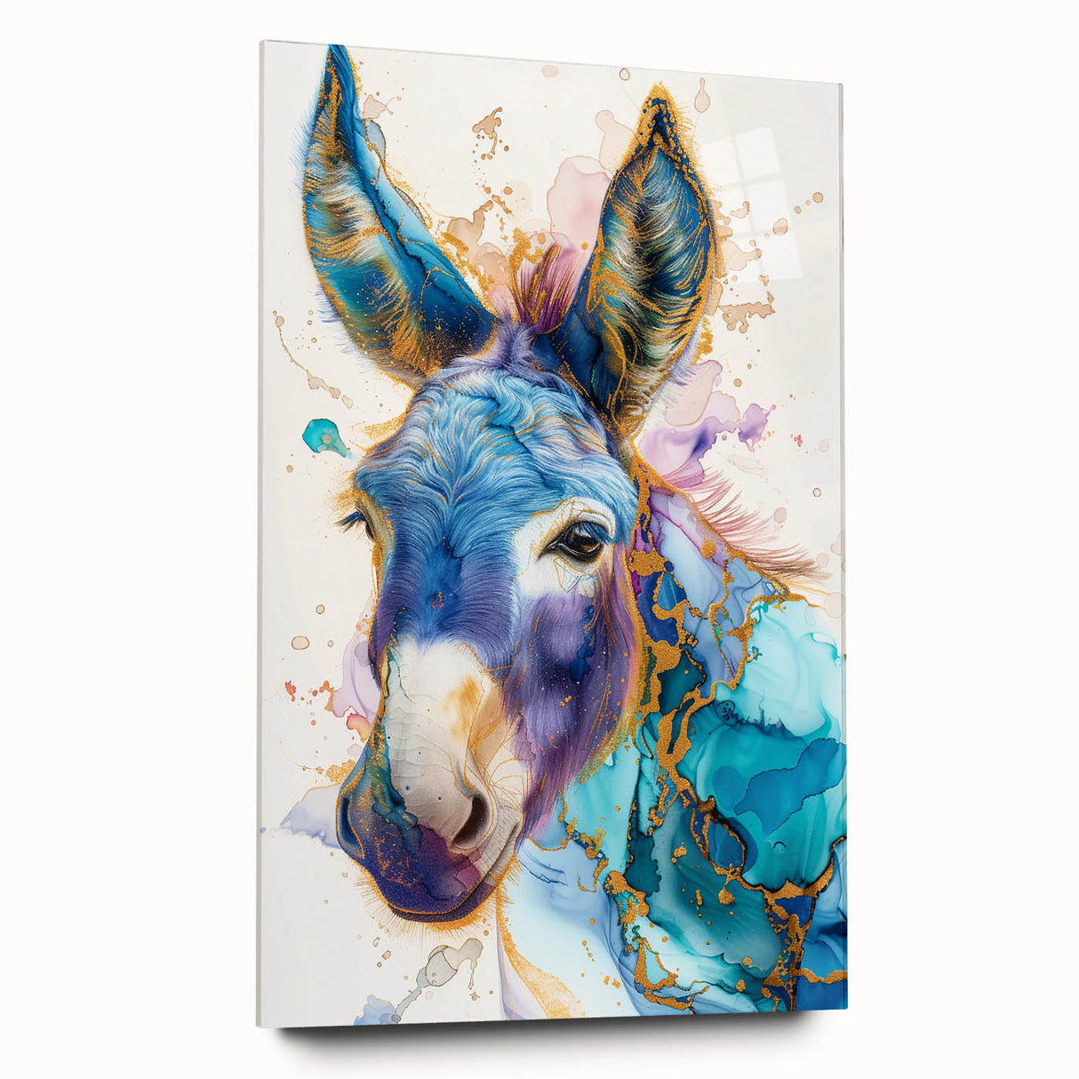 Side view of a striking acrylic glass wall art piece featuring a whimsical donkey design, showcasing vibrant colors and intricate details, perfect for animal lovers.