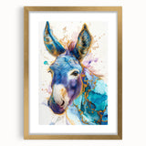 Framed wall art featuring a whimsical donkey design from the "Animals A Wild Life" collection, accented with a gold mat and showcasing vibrant colors.