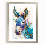 Framed wall art featuring a whimsical donkey design in a silver frame with a white mat, perfect for adding a playful touch to home decor. Ideal for animal lovers.