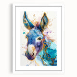 Framed wall art featuring a whimsical donkey design, showcasing vibrant colors and intricate details, set against a white mat for a modern touch. Perfect for animal lovers and home decor enthusiasts.