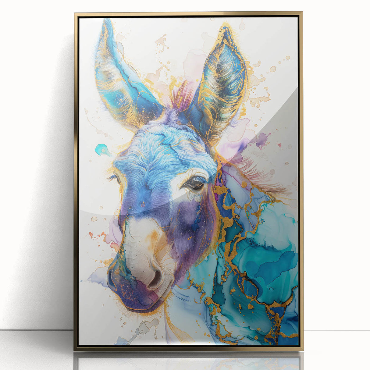 Framed wall art featuring a stylish donkey design in a gold acrylic frame, showcasing vibrant colors and intricate details, perfect for animal lovers' decor.