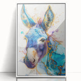 Framed wall art showcasing a whimsical donkey design in a vibrant, colorful style, set against a white background, perfect for animal lovers and home decor enthusiasts.