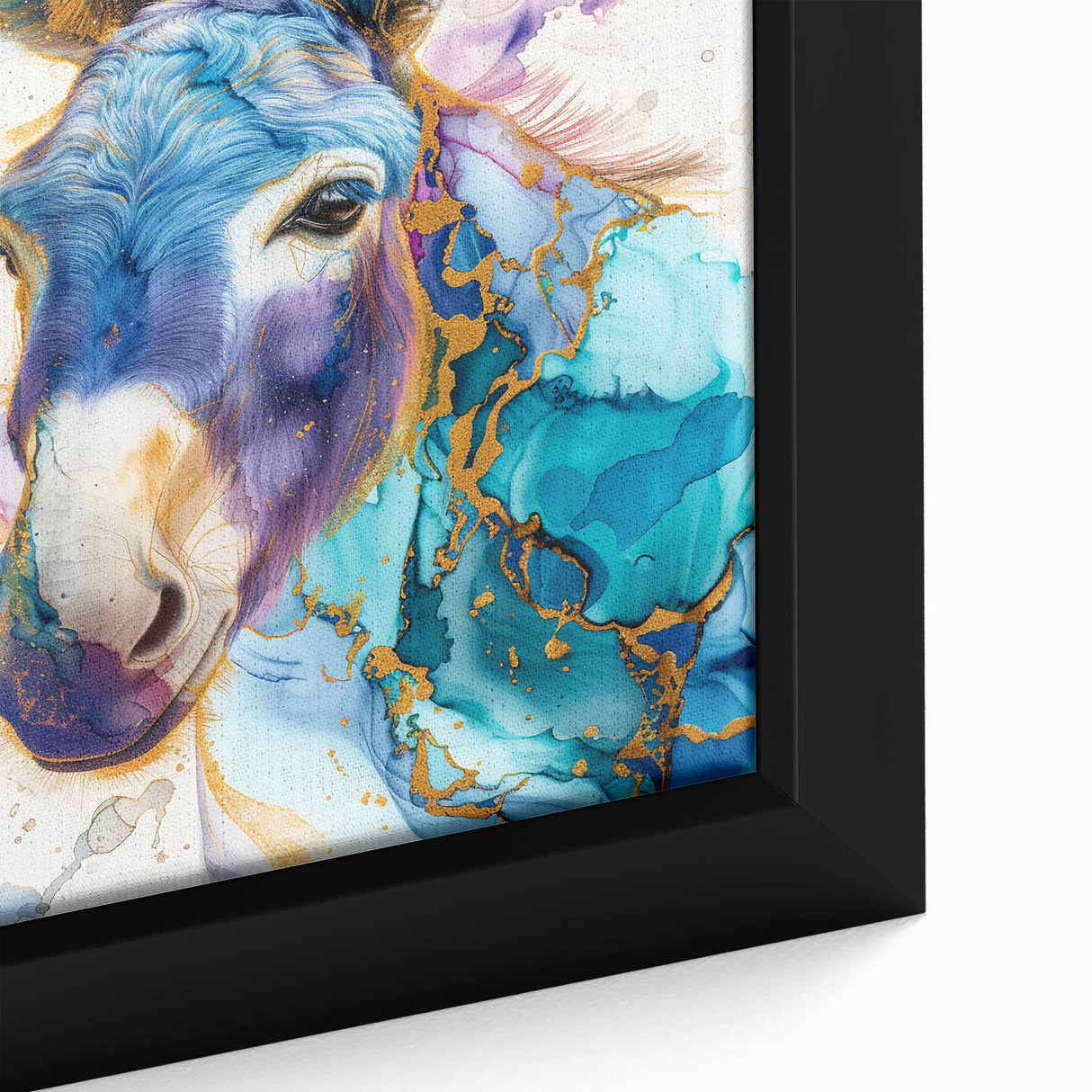 Close-up of a framed canvas wall art featuring a vibrant donkey design, showcasing intricate details and textures against a rustic background, ideal for animal-themed decor.