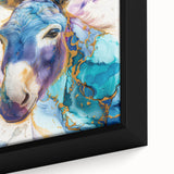 Close-up of a framed canvas wall art featuring a vibrant donkey design, showcasing intricate details and textures against a rustic background, ideal for animal-themed decor.