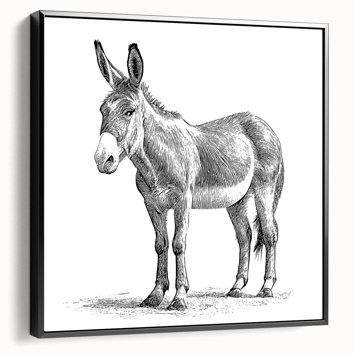 Framed wall art featuring a black donkey design from the 'Animals - A Wild Life' collection, showcasing intricate details and vibrant colors, perfect for animal lovers.
