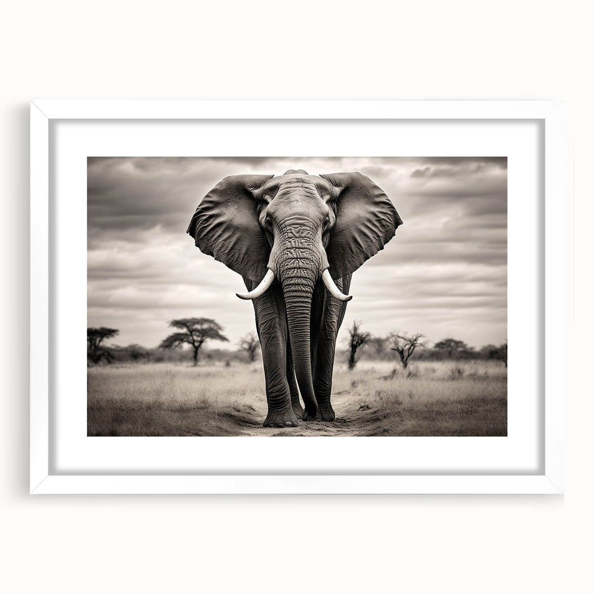 Elephant-themed wall art design featuring a majestic gray elephant in a natural habitat, framed with a white mat, perfect for adding a touch of wildlife elegance to home decor.