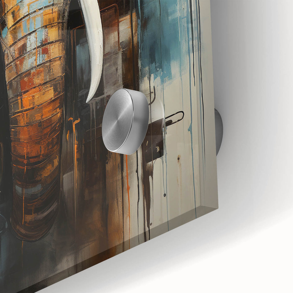 Close-up view of a vibrant acrylic glass wall art piece featuring a majestic elephant, showcasing intricate details and textures, perfect for wildlife enthusiasts.