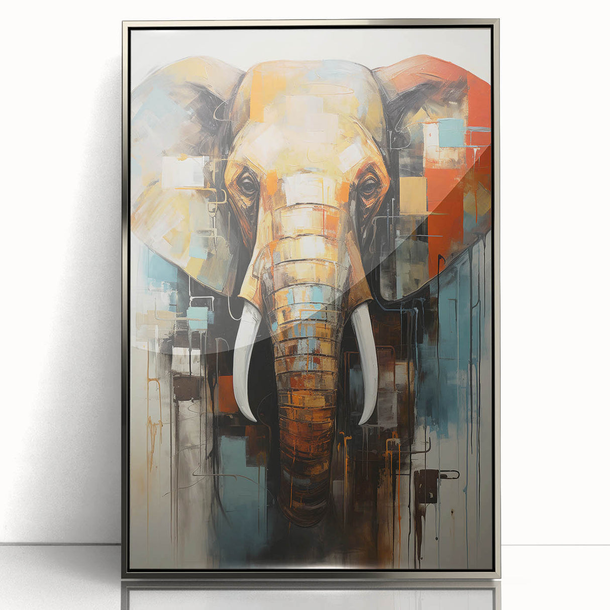 Framed acrylic wall art featuring a majestic elephant in a silver display, ideal for wildlife enthusiasts and home decor, showcasing intricate details and vibrant colors.