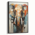 Framed canvas wall art showcasing a majestic elephant in a side view, with intricate details and a bold black background, perfect for wildlife enthusiasts.