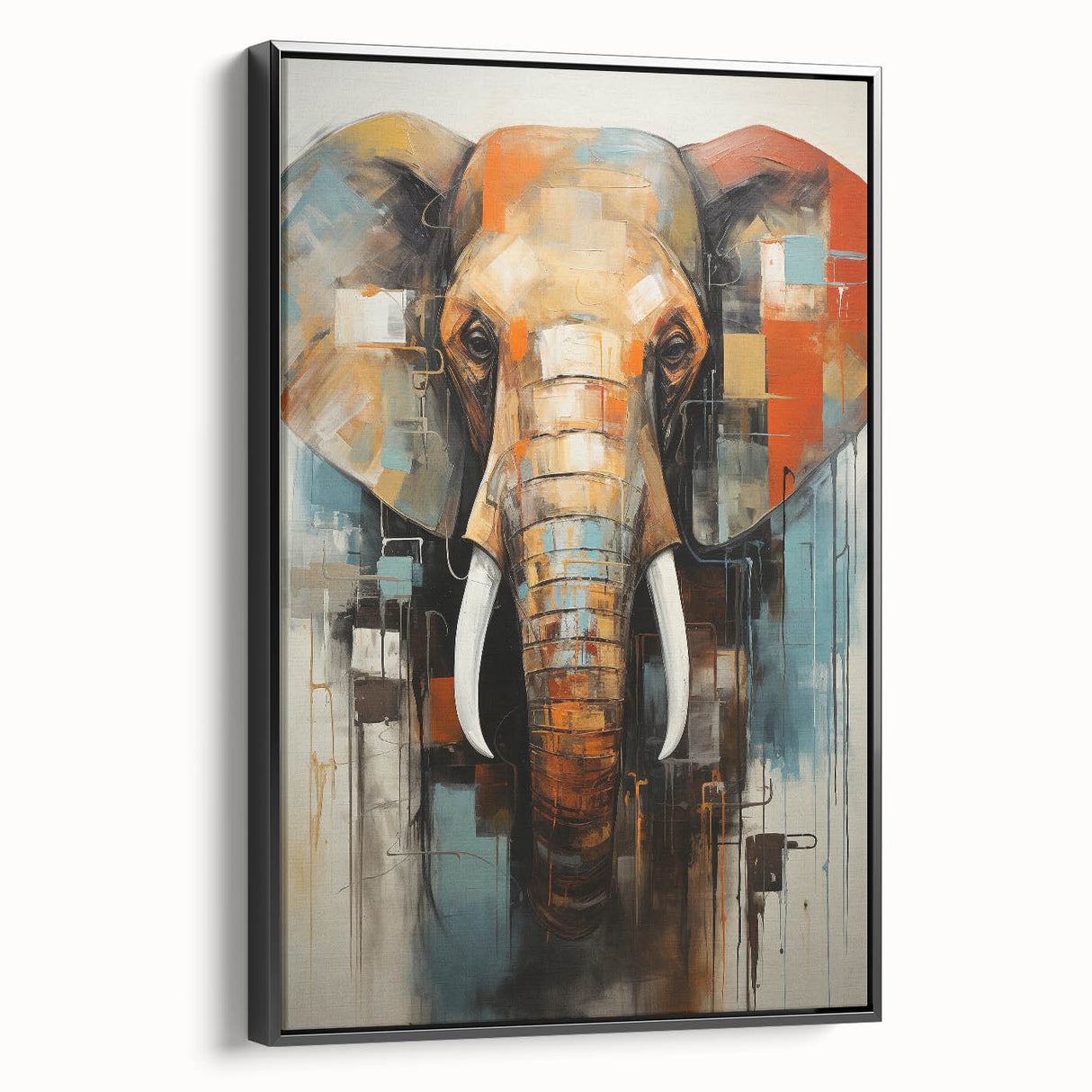 Framed canvas wall art showcasing a majestic elephant in a side view, with intricate details and a bold black background, perfect for wildlife enthusiasts.