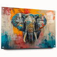 Side view of a stunning acrylic glass wall art piece featuring a detailed elephant design, showcasing vibrant colors and intricate patterns, perfect for wildlife enthusiasts.