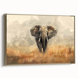 Elegant framed canvas wall art featuring a side view of a majestic elephant, adorned with intricate gold detailing, perfect for wildlife and nature enthusiasts.