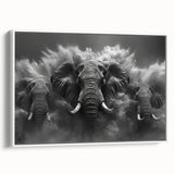 Framed wall art featuring a majestic elephant design in a minimalist white frame. The artwork showcases intricate details and lifelike colors, perfect for animal lovers and home decor enthusiasts. Ideal for adding a touch of nature-inspired elegance to any living space.