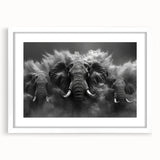Framed wall art featuring a majestic elephant design, showcasing intricate details in a minimalist white frame with a mat, perfect for wildlife enthusiasts' decor.