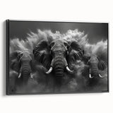 Framed canvas wall art featuring a striking side view of an elephant design in black, showcasing intricate details and textured elements, perfect for wildlife enthusiasts.
