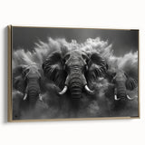 Framed canvas wall art depicting a side view of a majestic elephant, showcasing intricate details and a gold accent, perfect for wildlife enthusiasts and home decor.