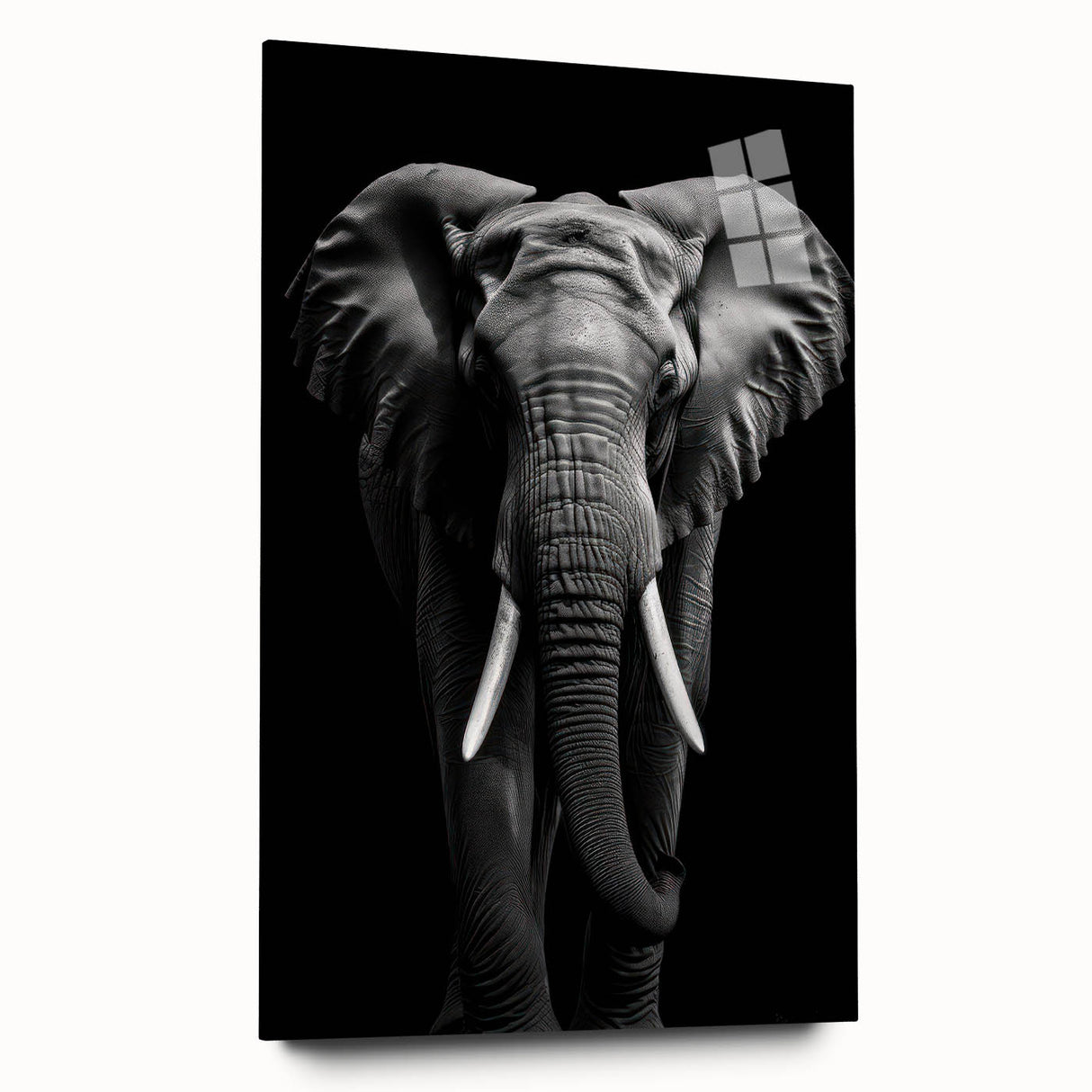 Side view of a stunning acrylic glass wall art featuring a majestic elephant design, showcasing intricate details and vibrant colors, perfect for wildlife enthusiasts.