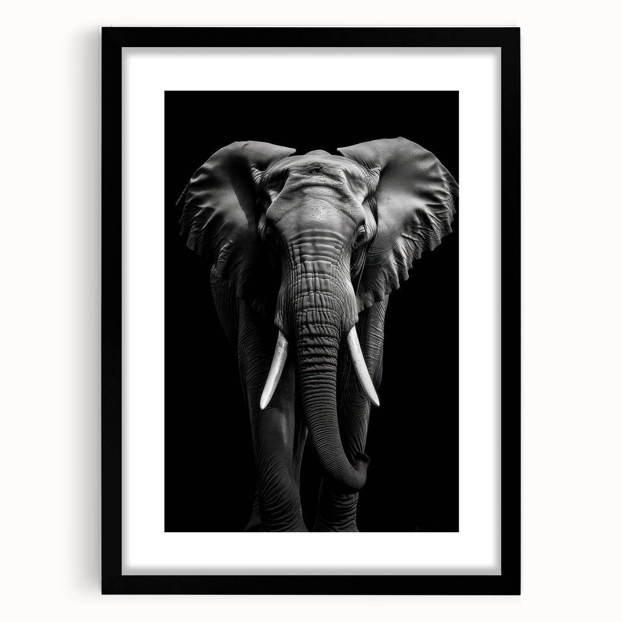 Framed wall art featuring a striking elephant design, showcasing intricate details and vibrant colors, set against a sleek black mat, ideal for wildlife enthusiasts.
