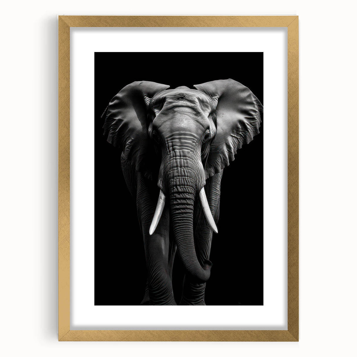 Elegant wall art featuring a majestic elephant design framed in gold, showcasing a blend of natural tones and intricate details, perfect for wildlife enthusiasts.