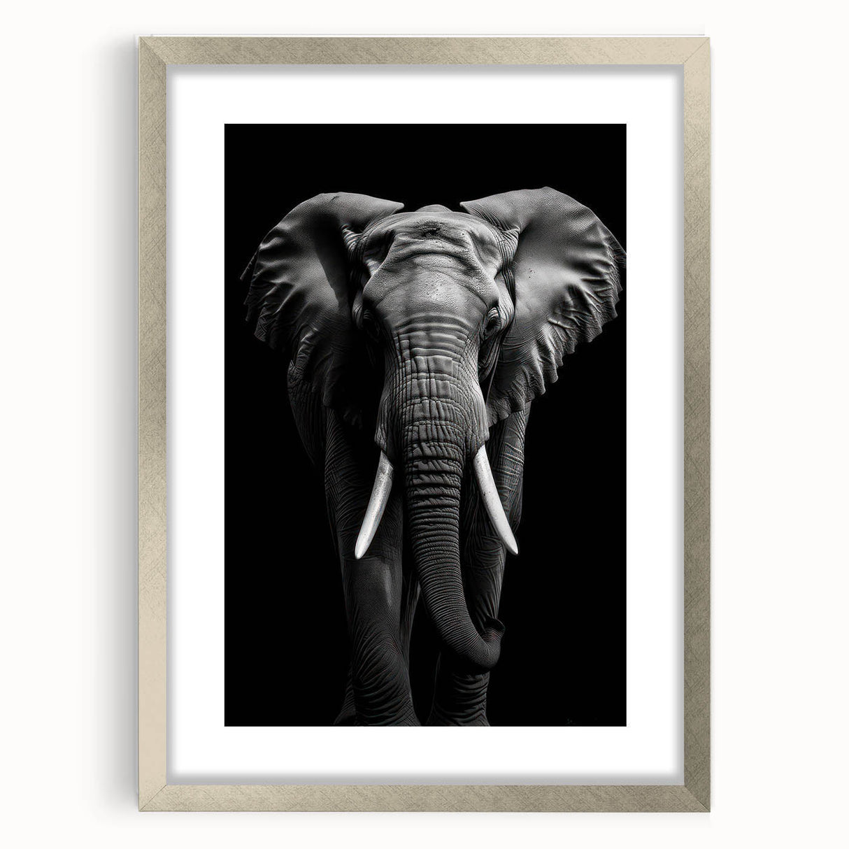 Framed wall art featuring an elegant silver mat and captivating elephant design, perfect for adding a touch of wildlife-inspired decor to any space.
