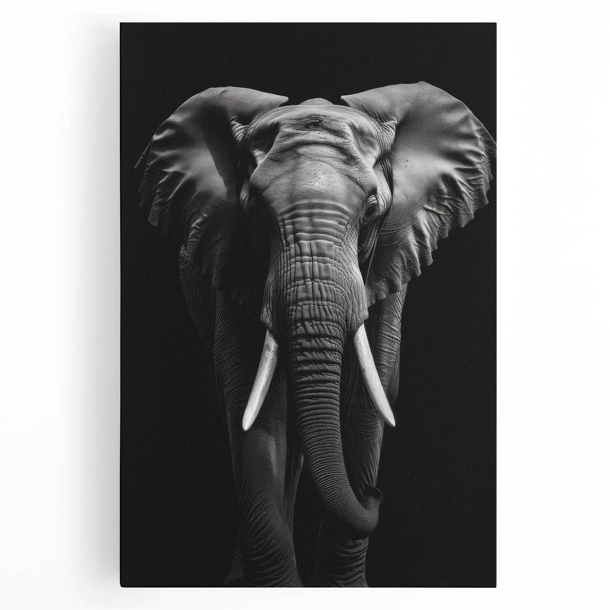 Stretched canvas wall art featuring a majestic front view of an African elephant, showcasing intricate details, neutral colors, and a textured finish perfect for wildlife enthusiasts.