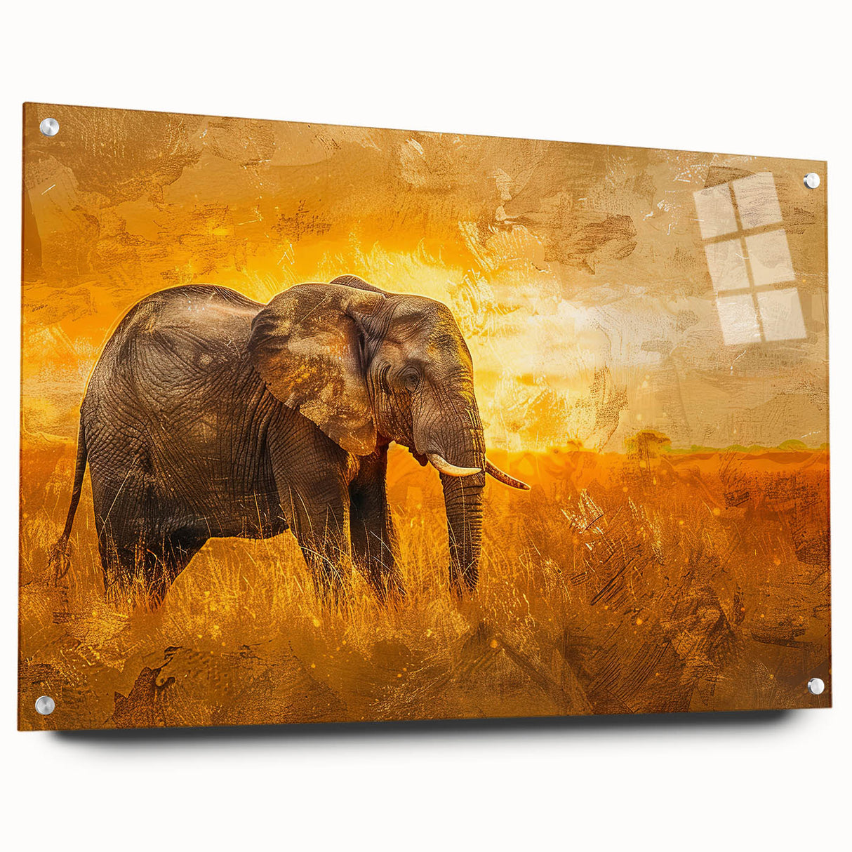 Acrylic glass wall art featuring a side view of a majestic elephant in a vibrant natural setting, showcasing intricate details and rich colors, ideal for wildlife enthusiasts.