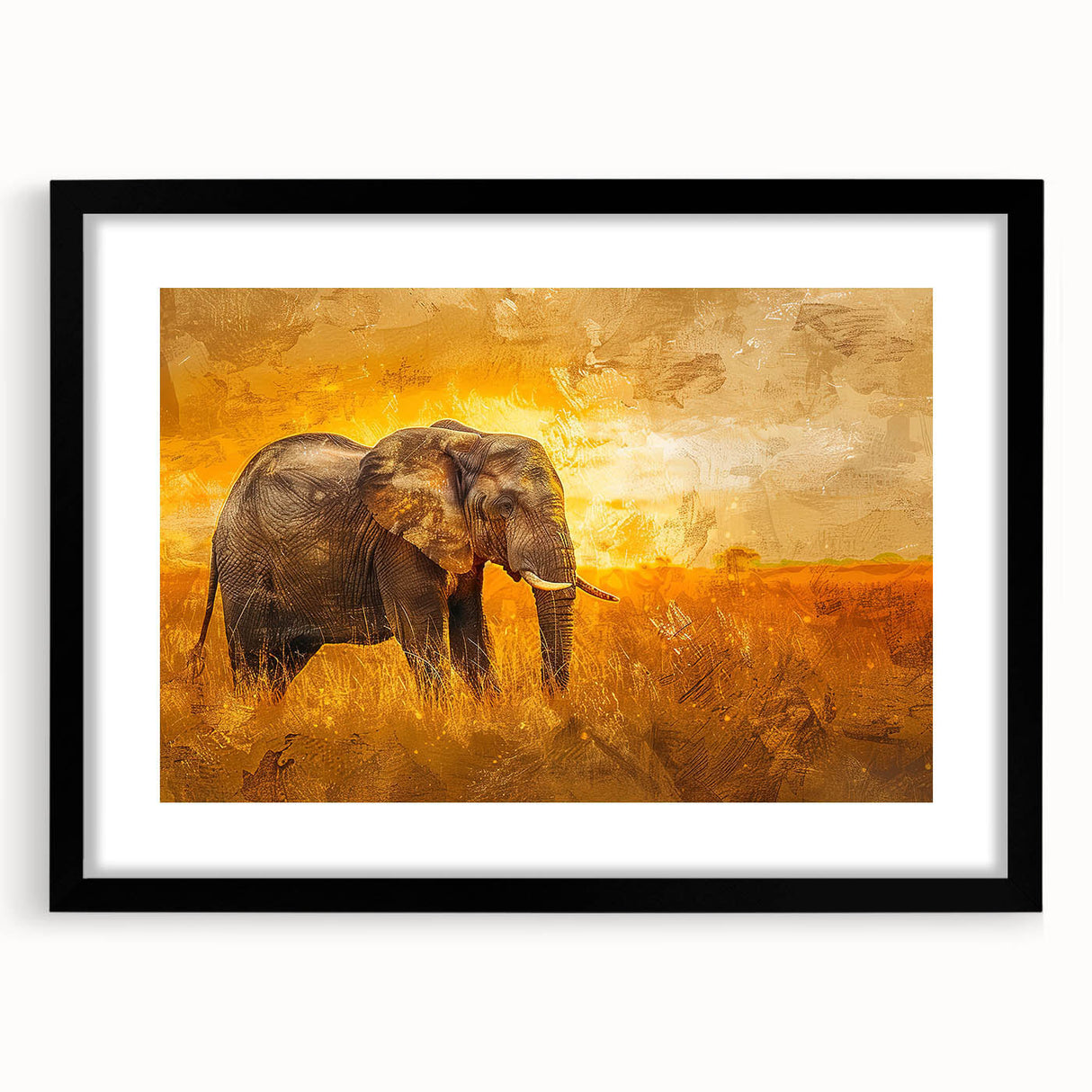 Framed wall art featuring a striking elephant design in a black frame, ideal for wildlife enthusiasts. Perfect for home decor, showcasing nature's beauty.