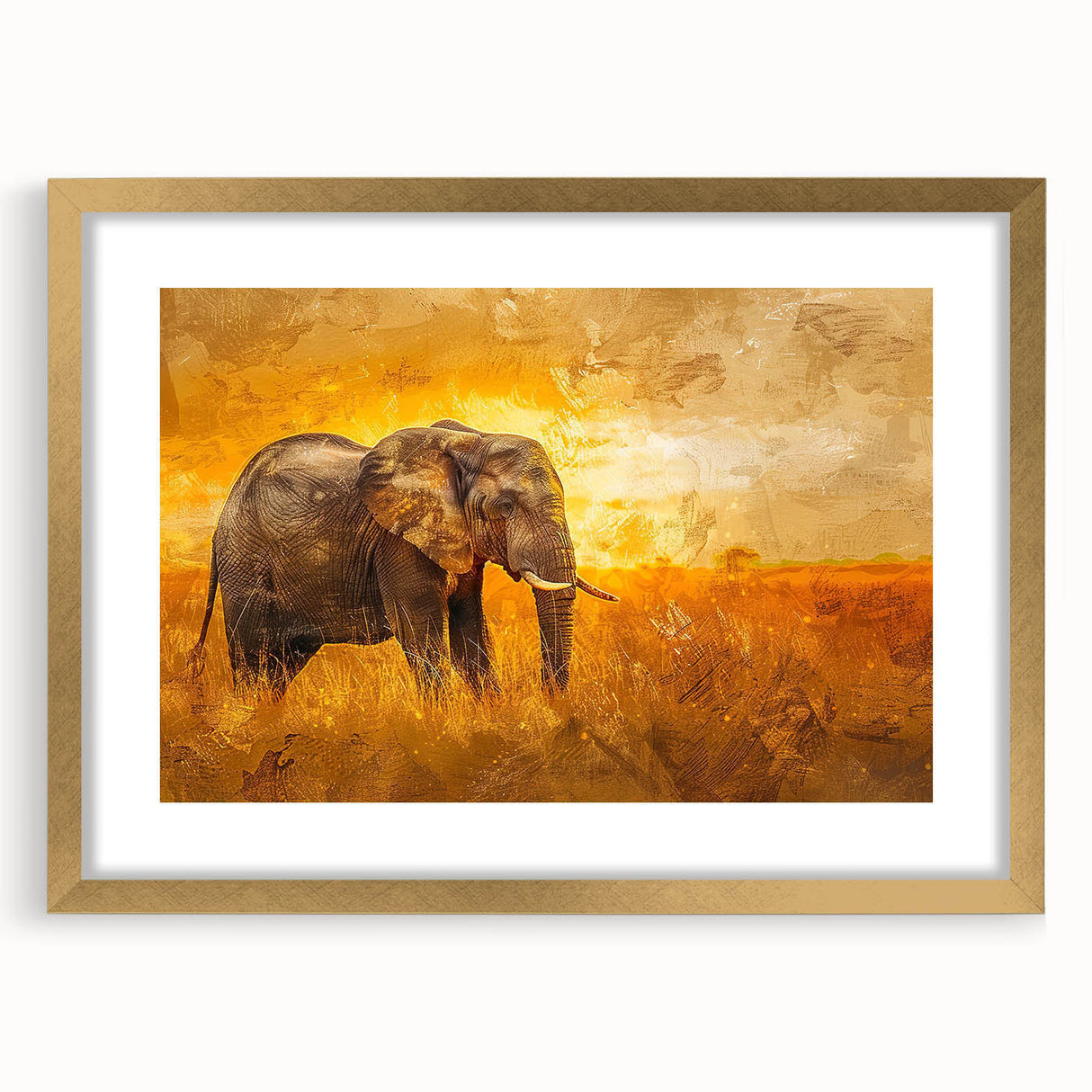 Framed wall art featuring an elegant elephant design in gold tones, showcasing intricate detailing, suitable for wildlife-themed decor, enhancing interior aesthetics.