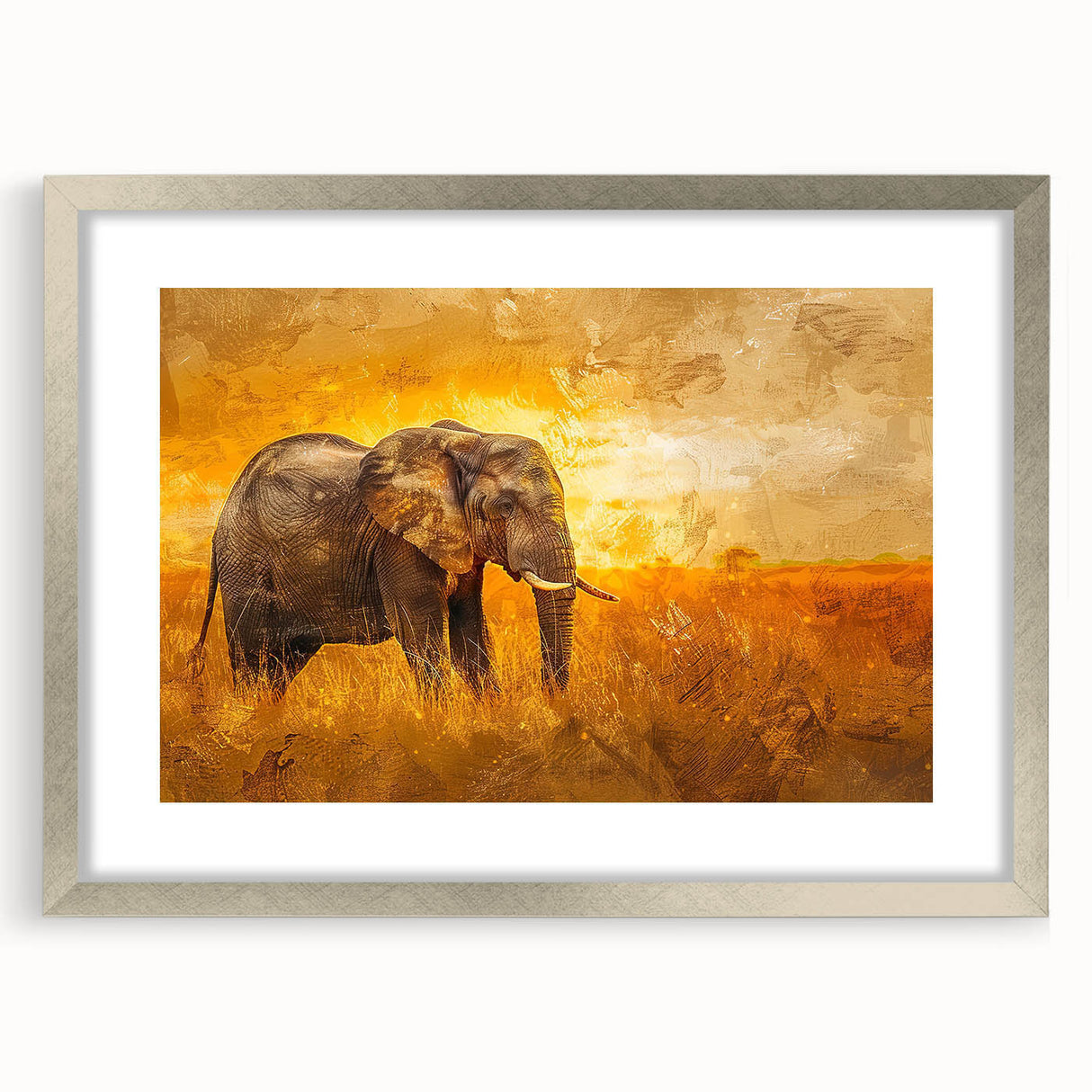 Framed wall art featuring a majestic elephant design, showcasing intricate details and a silver mat, ideal for wildlife enthusiasts and home decor.