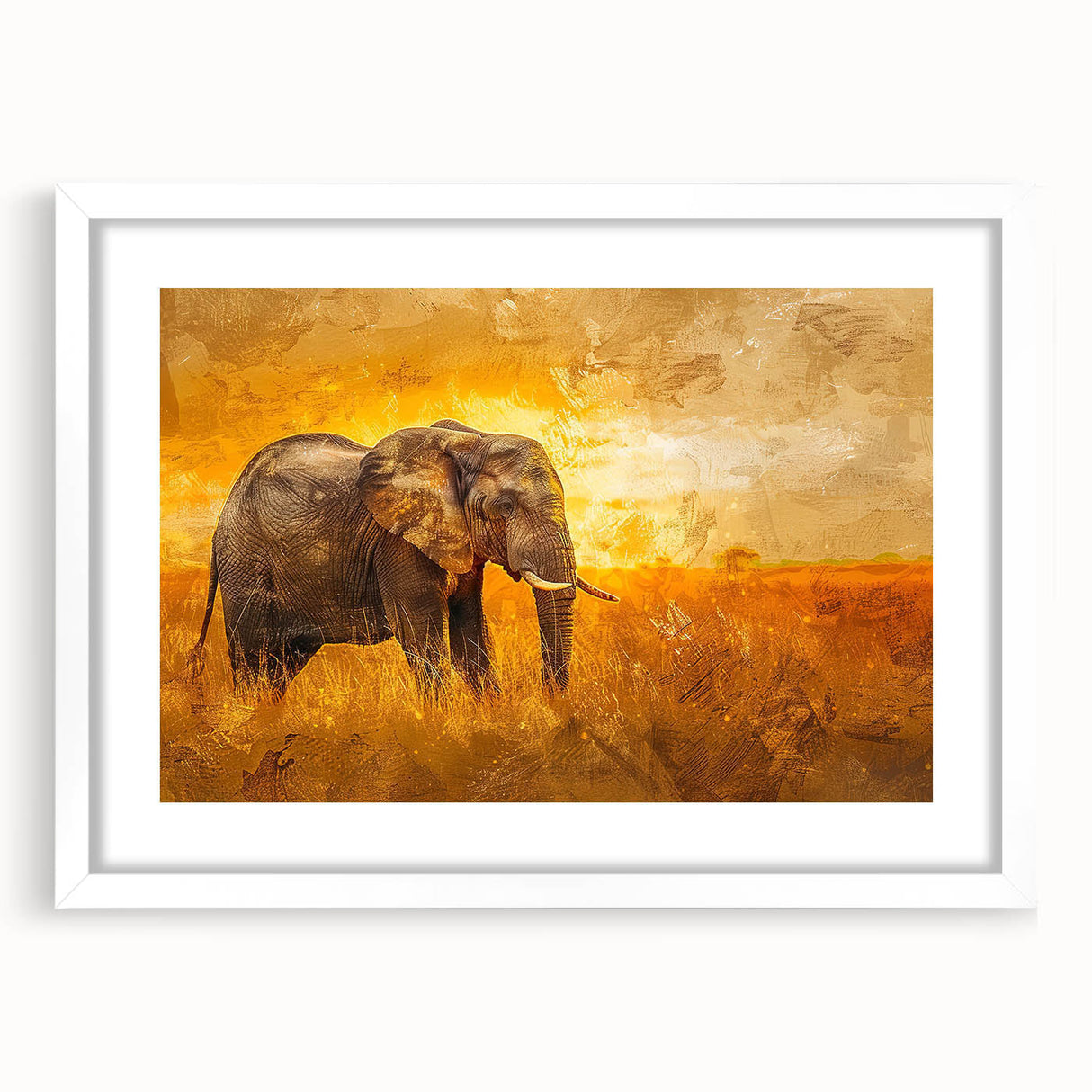 Elephant-themed wall art design framed in white, showcasing a vibrant illustration of an elephant against a contrasting background, ideal for wildlife enthusiasts.