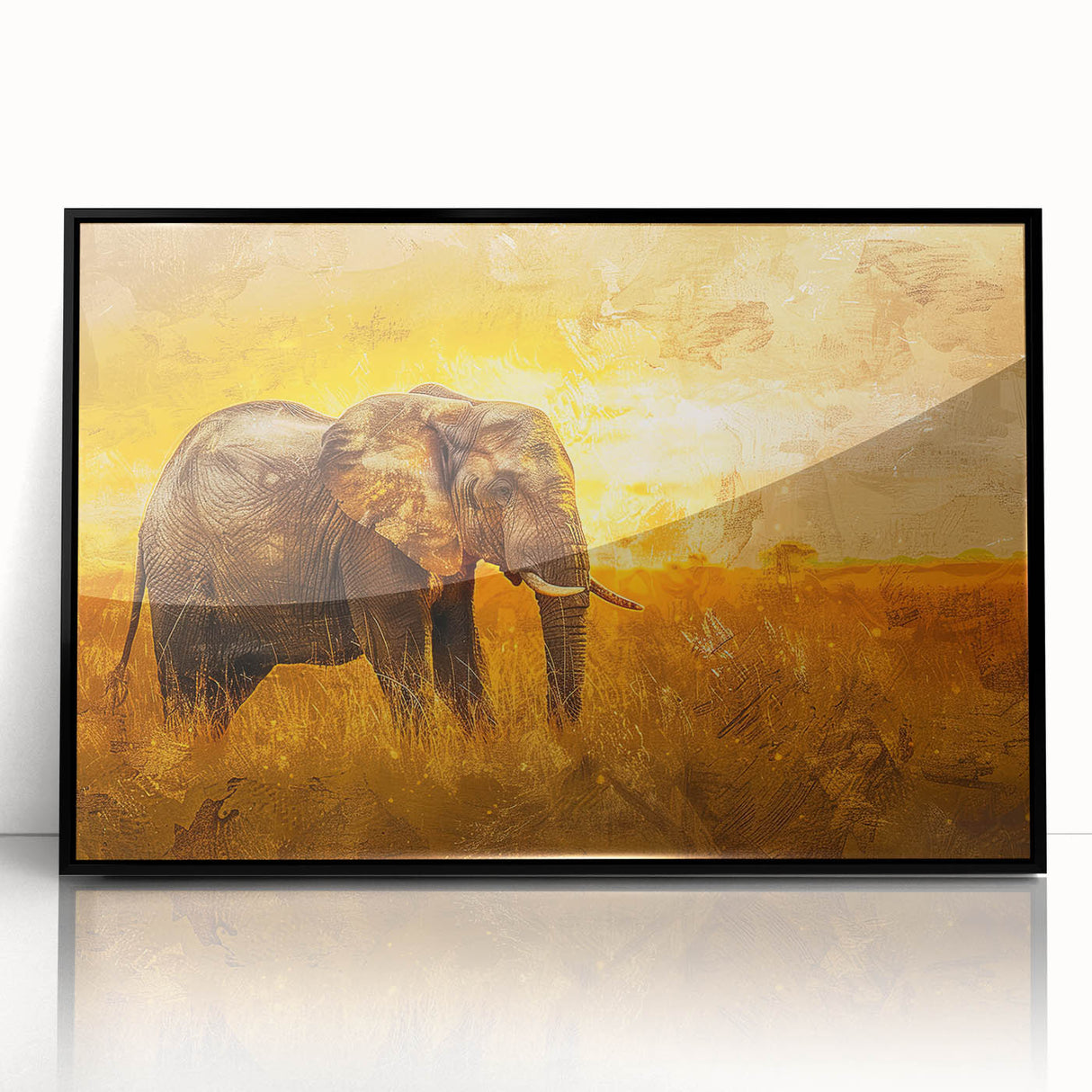 Framed acrylic wall art featuring a stunning black-front view design of a majestic elephant, perfect for wildlife enthusiasts and home decor, showcasing intricate details and vibrant colors to enhance any space.