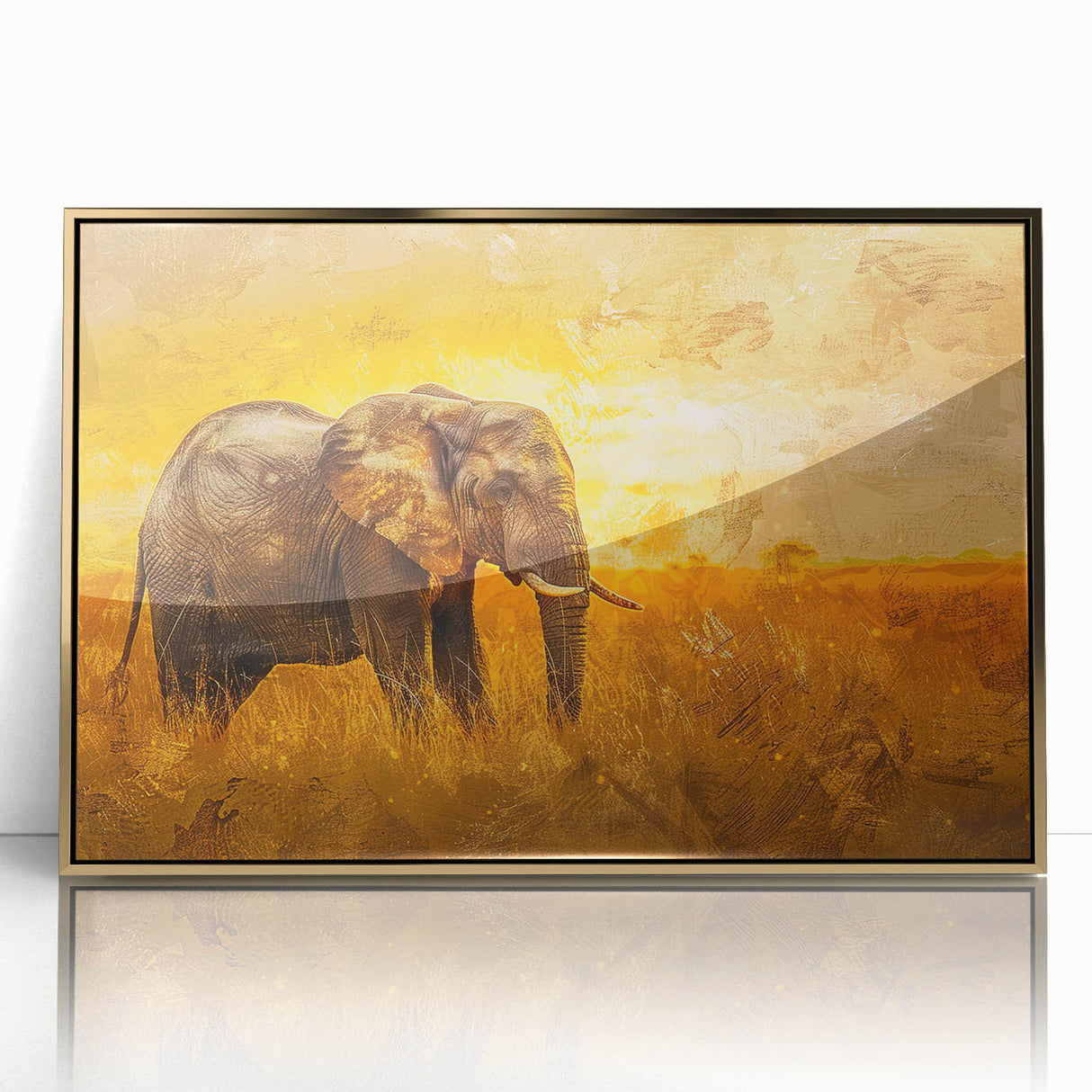 Framed wall art featuring a stunning gold-accented design of an elephant in a natural setting, perfect for wildlife enthusiasts and home decor.