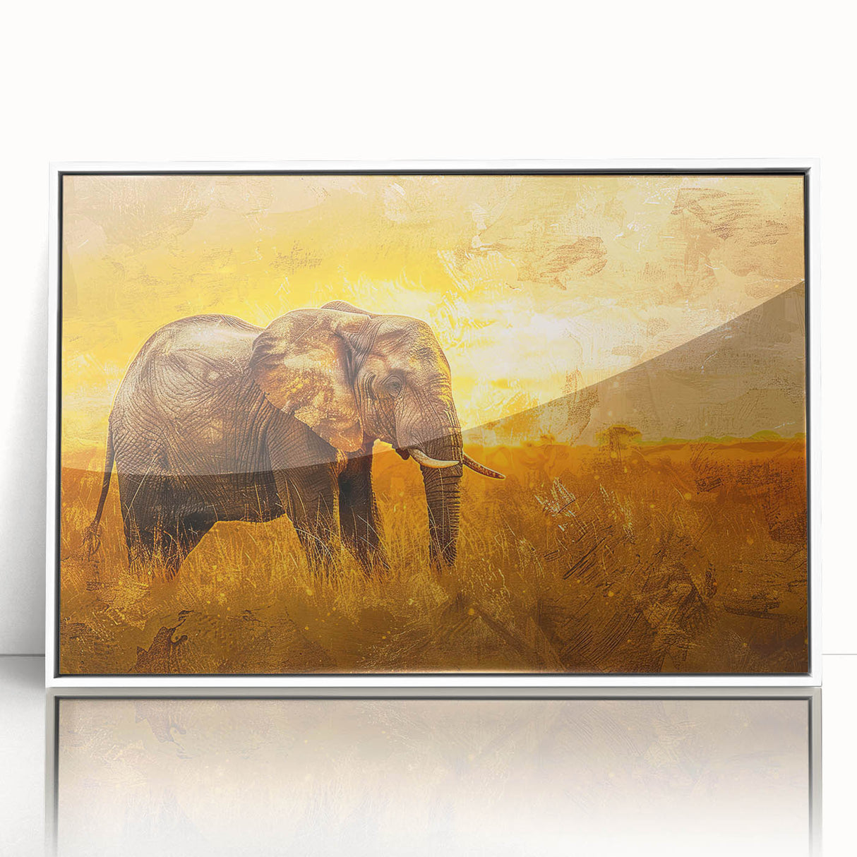 Framed acrylic wall art featuring a striking elephant design, showcasing intricate details in a white frame, perfect for animal lovers and home decor enthusiasts.