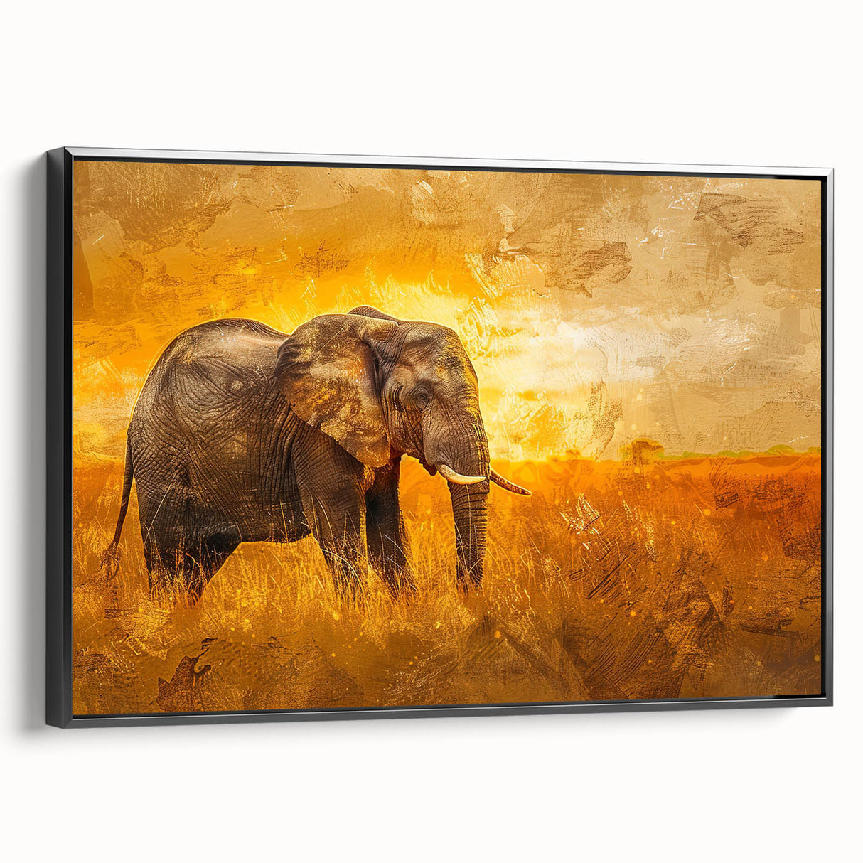 Framed wall art featuring a side view of an elegant elephant design, showcasing intricate details and a black background, perfect for wildlife enthusiasts and home decor.