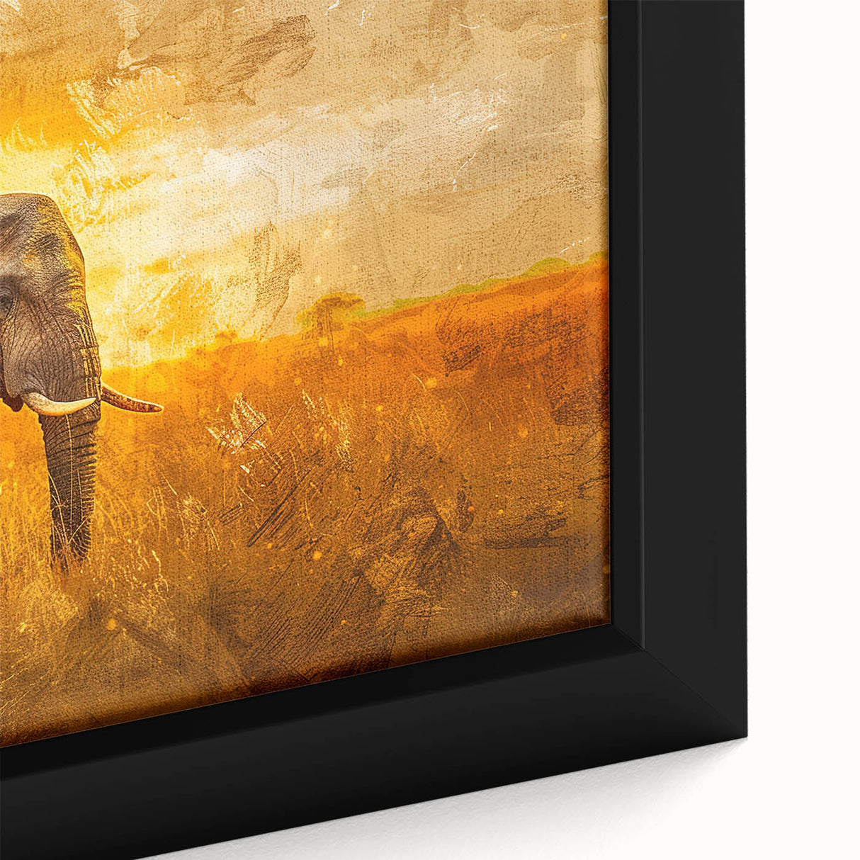 Close-up of a framed canvas wall art featuring a majestic elephant design, showcasing intricate details and vibrant colors, perfect for wildlife enthusiasts and home decor.