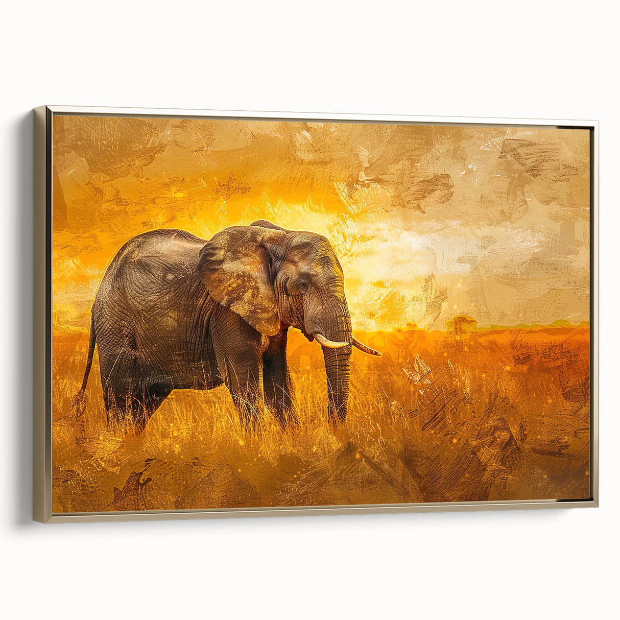 Framed canvas wall art featuring a majestic elephant design in gold tones, showcasing intricate details and textures against a neutral background, perfect for animal lovers’ decor.