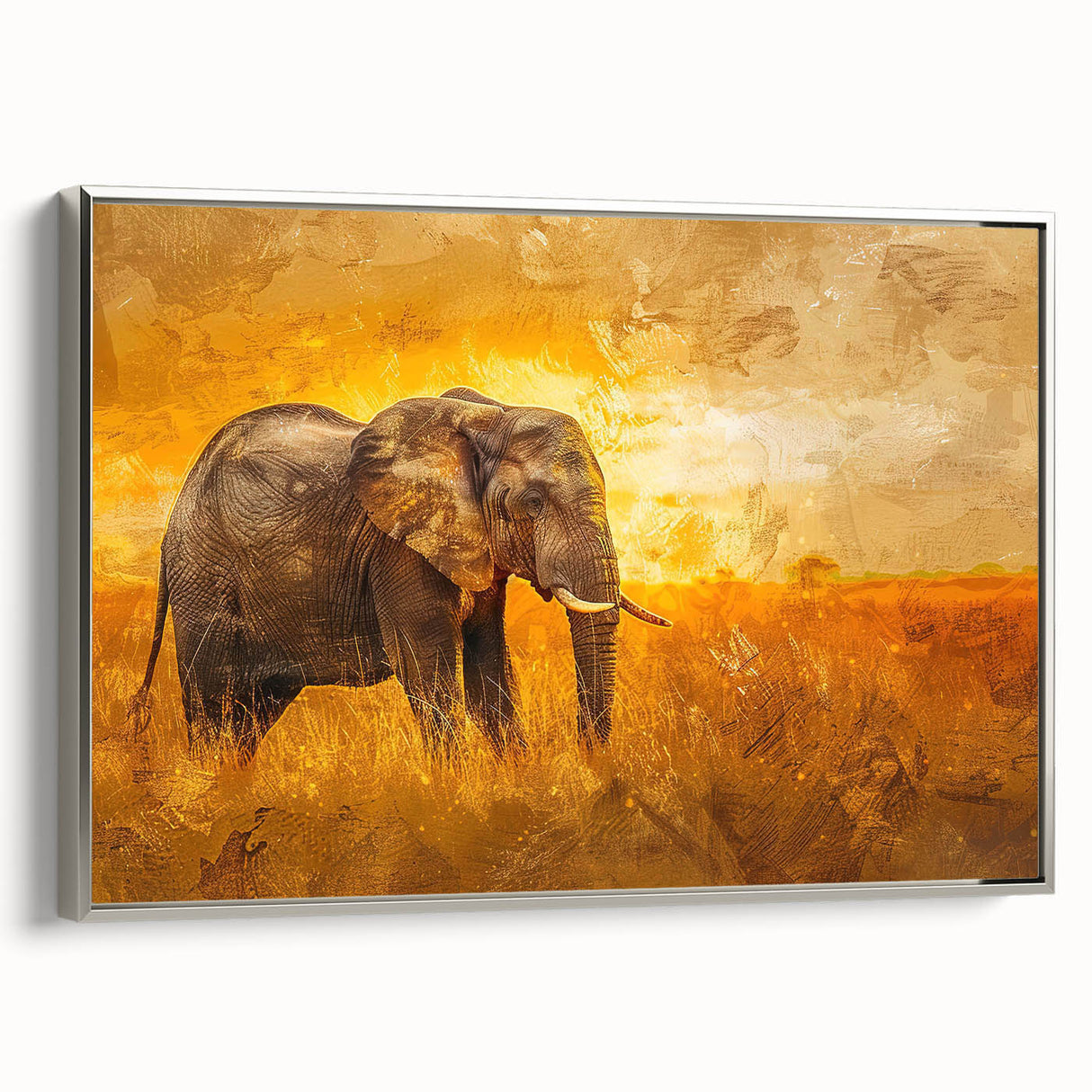 Elegant framed canvas wall art featuring a majestic elephant design in silver tones, showcasing detailed textures and a side view, perfect for wildlife enthusiasts.