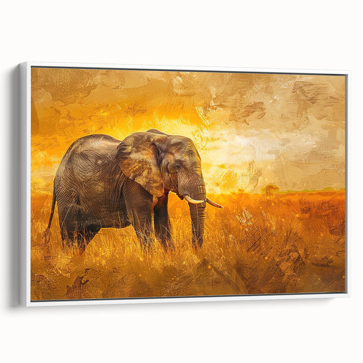 Framed canvas wall art featuring a side view of a majestic elephant, showcasing intricate details and textures in shades of gray and white, perfect for wildlife enthusiasts.