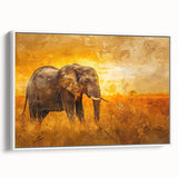 Framed canvas wall art featuring a side view of a majestic elephant, showcasing intricate details and textures in shades of gray and white, perfect for wildlife enthusiasts.
