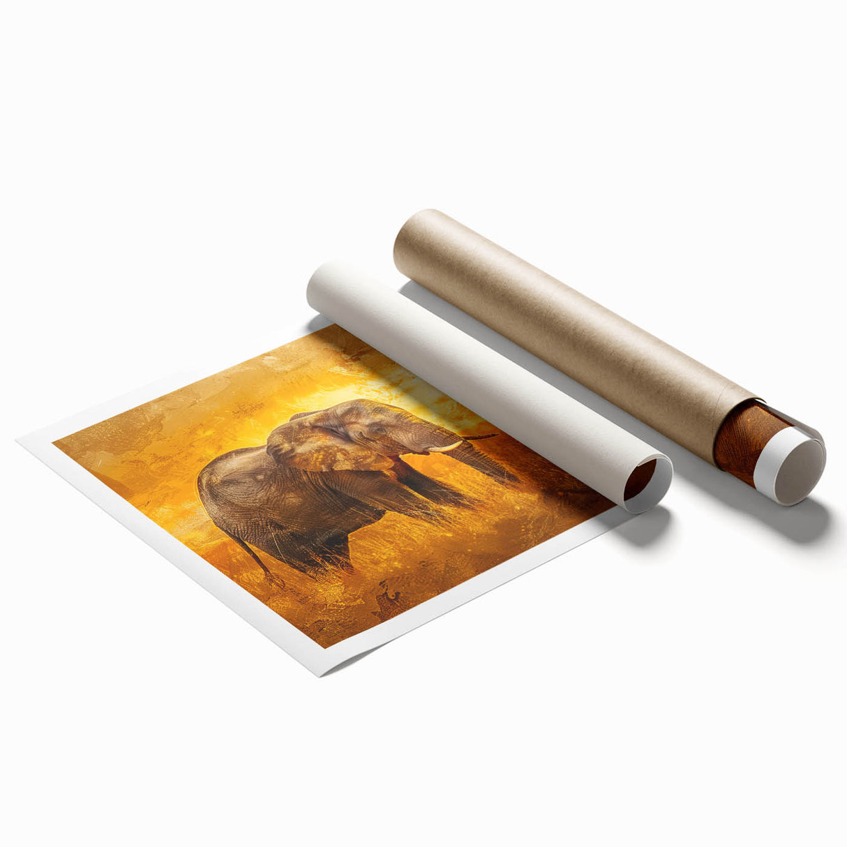 Vibrant rolled wall art print featuring an intricate elephant design, showcasing bold colors and fine details, ideal for animal lovers and home decor enthusiasts.