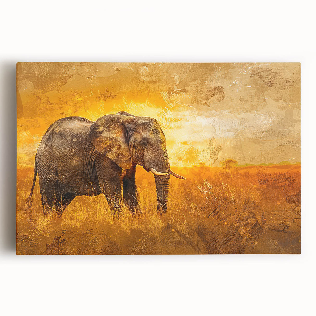Stretched canvas wall art showcasing a striking front view of a majestic elephant, highlighting its textured skin and natural colors, perfect for wildlife enthusiasts.